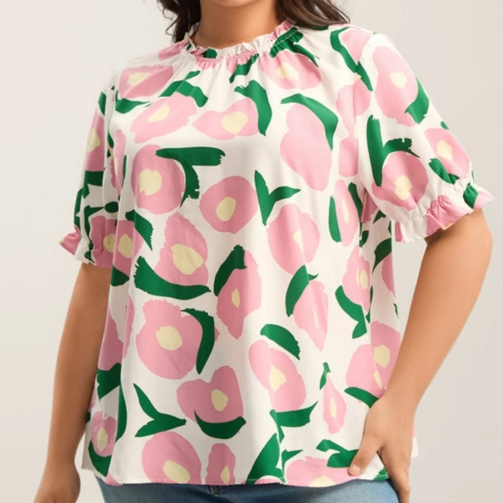 Bloom Chic Ruffled Neck Puffy Sleeve Blouse-Floral White, Pink and Green Pattern - Picture 5 of 6